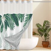 baratos Cortinas de Banho-Cortina de Chuveiro Texturizada em Malha de Waffle com Folhas com Forro Removível e Janela Transparente Repelente à Água em Poliéster Topo com Ilhós 120GSM Qualidade de Hotel Estilo Spa Divisão de