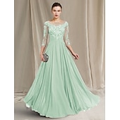 olcso Padlóhossz-A-vonalú Kölcsönanyai Ruha Elegáns Ékszer Nyak Padló Hosszú Chiffon Csipke 3/4 Hosszú Ujjú Ráncokkal Appliques