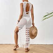 baratos Swimdresses-Mulheres Roupa de Banho Cobertura roupa de banho Com Corte Franja Roupa de Praia Verão Tecido Decote Redondo Sem Manga Fatos de banho