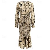 preiswerte abendkleider-Damen Midikleid Cocktailkleid Etui-Kleid Mode Urlaub Ferien Teegesellschaft Normale Passform Leopard Langarm V Ausschnitt Schwarz Khaki Aprikose Sommer