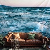 abordables Havstrand Teppe-Landscape Ocean Wave Hanging Tapestry Wall Art Large Tapestry Mural Decor Photograph Backdrop Blanket Curtain Home Bedroom Living Room Decoration