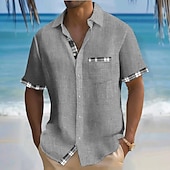 billiga Semester-Herr Geometrisk Rutnät / Pläd linneskjorta Sommarskjorta Knapp upp skjorta Kortärmad Mode Casual Semester Helgdag Standkläder Sommar Vår Nedvikt krage skjortor Främre en ficka Blå Grön Grå