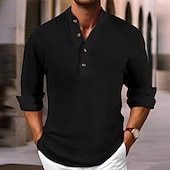 economico Camicie Popover da Uomo-Per uomo Camicia Camicia Estiva Camicia casual Camicia da Spiaggia Camicia con Bottoni Nero Bianco Azzurro cielo Manica Lunga Semplice Colletto Mao Vacanza Camicia hawaiana Bottonato Abbigliamento