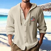 preiswerte Urlaub-Herren Weißes Baumwollhemd Freizeithemd Knopfhemd Baumwollhemd Muster Urlaub Straße Schwarz Weiß Blau Khaki Langarm Mit Kapuze Frühling &amp; Sommer Bekleidung Button-Down