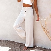 abordables Pantalón liso de lino y algodón-Mujer Pantalones de lino y algodón pantalones Casual Longitud total Cintura Media Plano Cintura elástica Confortable Al Aire Libre Deporte Calle Vino Azul marinero Gris Negro Verano Ajuste regular