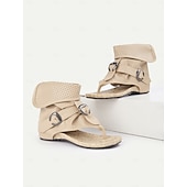 cheap Vacation Sandals-Women&#039;s Boho Gladiator Sandals – Beige Open-Toe Buckle Strap Wedge Sandals with Perforated Cuff for Summer, Casual Outings, and Festivals