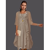 abordables Avec veste-Robe à deux pièces A-ligne pour la mère de la mariée à la plage invitée de mariage élégant col arrondi longueur genou chiffon dentelle sans manches vestes avec plis et appliqués 2025 taille