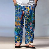 preiswerte Bedruckte Freizeithosen für Herren-Herren Blumendruck Blumen Hose Baggy-Hosen Freizeithose Mittlere Taille Vintage-Retro Outdoor Urlaub Ferien Kordelzug Elastischer Bund Weites Bein Sommer Frühling 3D-Druck Blau Braun