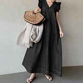 abordables Robes-Femmes Robe Midi Robes inspirées du lin Robe en jean Robe en coton et lin Mode Classique Moderne Quotidien Sortir Plage Coupe régulière Uni Manche Courte Col en V Noir Bleu de minuit Bleu clair Été