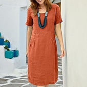 abordables Robes-Femmes Mini Robe Robes inspirées du lin Robe en coton et lin Mode Basique Moderne Vacances Quotidien Sortir Coupe régulière Uni Manche Courte Col ras du cou Jaune Orange Vert Gris Été