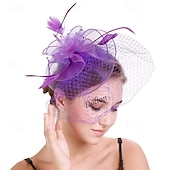 voordelige Hoeden &amp; Hoofdstukken-Helm Tule Veren Bruiloft Avond Feest Elegant Bruiloft Met Veer Tule Helm Hoofddeksels