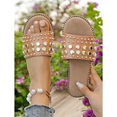 abordables Sandales de Vacances-Sandales à enfiler noires cloutées pour femmes – sandales plates tendance à rivets dorés pour l&#039;été, la plage et les sorties décontractées