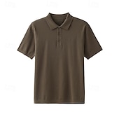preiswerte Klassisches Poloshirt für Herren-Herren Poloshirt aus Seide, Leinen und Baumwolle, Strick, Polopullover, Business, Casual, Revers, Kurzarm, formell, einfarbig, Patchwork, Knöpfe, Sommer, Schwarz, Braun, Grün, Dunkelgrau, Dunkelkaffee