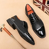economico Formale-scarpe oxford da uomo in pied de poule bianco e nero con dettagli in vernice, elegante design con lacci per eventi formali alla moda