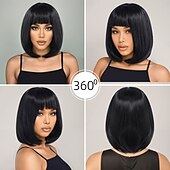 abordables Perruques Synthétiques Sans Bonnet-Perruque Synthétique Lisse Lisse Yaki Coupe Asymétrique Frange Droite Fabriqué à la Machine Perruque 14 pouces A1 Cheveux synthétiques Femmes Fête Classique Confortable Noir