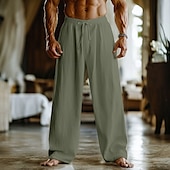 abordables Maison-Homme Pantalons en Lin Pantalons Pantalon d&#039;été Pantalons Amples Cordon de serrage Taille Élastique Jambe Droite Uni Confort Respirant Longueur complète Maison Yoga Fête Mode Streetwear Noir Blanche