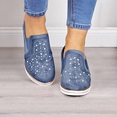 levne Dámské nazouváky a mokasíny-dámské modré slip-on tenisky na klínku – ležérní mokasíny na platformě zdobené drahokamy pro každodenní pohodlí a módu