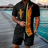 billige Trykkede skjortesett for menn-Påske Herre Kors 2stk Skjorter sett Skjortesett Kortermet Korte bukser Aftæpning Årgang Avslappet Daglig Festivalantrekk 3D-utskrift Sommer Rødstrupe-egg Blå Hvit Oransje