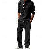 cheap Men&#039;s Tee Sets-Men&#039;s T-shirt Suits Shirt and Pant Sets 2 Pieces Outfits Long Sleeve Stand Collar Summer Spring Plain Fashion Casual 2 Piece Vacation Daily Wear Going out Black White Blue Top Tee for Men