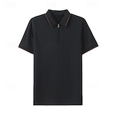 ieftine Polo clasic pentru bărbați-Pulover polo tricotat pentru bărbați, din amestec de mătase și bumbac, stil business casual, cu rever, mânecă scurtă, formal, cu fermoar, în blocuri de culori, vară, negru, albastru, gri