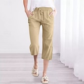 cheap Straight-Leg Pants-Women&#039;s Capri Pants Slacks Streetwear Casual Calf-Length Natural Plain Pocket Elastic Drawstring Design Outdoor Comfortable Street Going out Grey Navy Black White Summer Regular Fit