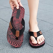 cheap Vacation Sandals-Men&#039;s Fashion Flip-Flops - Red and Black Geometric Pattern with Leather Accents - Casual Beachwear