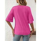 cheap Plain tee-Women&#039;s T Shirt Plain Fashion Modern Short Sleeve V Neck Regular Tops Daily Ruffle Black White Wine Sky Blue Fuchsia Summer