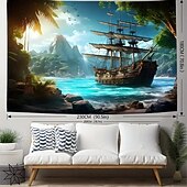voordelige Ocean Beach Wandtapijt-Landschap Ocean Piratenboot Hangend Wandtapijt Muurkunst Groot Wandtapijt Muurdecor Fotografie Achtergrond Deken Gordijn Thuis Slaapkamer Woonkamer Decoratie