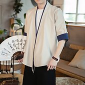economico Casual da lavoro-Per uomo Camicia camicia di lino Maglietta informale Camicia di cotone Color Block Da mare Per eventi Blu marino Albicocca Mezza manica A V Estate Abbigliamento Collage