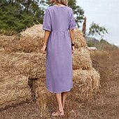 abordables Robes-Femmes Robe Midi Robes inspirées du lin Robe Décontractée Robe en coton et lin Mode Basique Extérieur Quotidien Fête Coupe régulière Uni Manche Courte Col ras du cou Vert Claire Vert Véronèse Violet