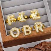 cheap Gifts-Personalized Letter Ring, Gift for Mom, 18K Gold Plated Adjustable Ring, Copper with Zircon, Open Band Initial Ring, Elegant and Stylish Jewelry for Women
