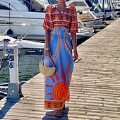 ieftine Rochii Boho-Pentru femei Rochie Lunga Rochie Maxi Rochie imprimata Clasic În aer liber Concediu Fit regulat Floare Manșon Jumate În V Albastru piscină Vară