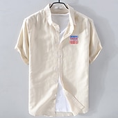preiswerte Business Casual-Herren Leinenhemd Freizeithemd Baumwoll-Leinen-Hemd Knopfhemd Muster Urlaub Straße Weiß Dunkelmarine Himmelblau Aprikose Kurzarm Revers Sommer Bekleidung Button-Down