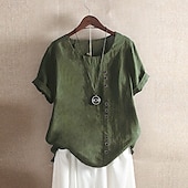 abordables Chemises-Femmes Chemisier Chemises en coton et lin Uni Moderne Occasionnel Manche Courte Col ras du cou Hauts Réguliers Fête Sortir Boutons Blanche Jaune Vert Véronèse Vert Été