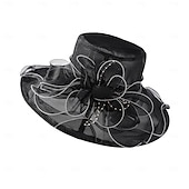 cheap Party Hats-Women Wide Brim Bowler Hat Vintage Floral Wool Felt Fedora Floppy Elegant Fascinator Hat with Veil Lady Church Party Bucket