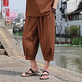 cheap Retro-Men&#039;s Capri Pants Shorts Linen Shorts Summer Shorts Beach Shorts Drawstring Elastic Waist Baggy Plain Comfort Breathable Calf-Length Outdoor Casual Daily Fashion Retro Vintage Black White