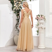 preiswerte Abendkleider-A-Linie Abendkleid Elegant Kleid Abendgesellschaft Abschlussball Bodenlang Ärmellos V Ausschnitt Gürtel / Schärpe Tüll V-Ausschnitt mit Glitzer Stickerei 2025