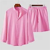 economico Vacanza-Per uomo Camicia Camicia di lino Camicia casual Camicia in cotone e lino Camicia con Bottoni Semplice Vacanza Streetwear Rosa Viola Albicocca Manica Lunga Collo alla coreana Primavera Abbigliamento