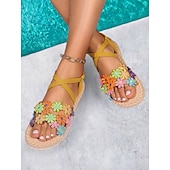 economico Infradito da Vacanza-sandali floreali boho da donna – ballerine con cinturini e fiori ricamati colorati per l&#039;estate, la spiaggia e lo stile casual all&#039;aperto