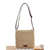 cheap Crossbody Bags-Handwoven Straw Crossbody Bag for Women – Boho Rattan Shoulder Bag with Adjustable Strap, Lightweight Summer Beach Purse for Vacation, Travel &amp; Casual Outings Army Green Brown Khaki