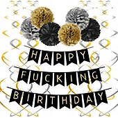 preiswerte Geburtstagsfeierbedarf-Geburtstagsparty-Banner - &quot;Happy F*cking Birthday&quot; - schwarz &amp;Goldthema mit Quaste oder Wirbel Dekoration Optionen für eine wilde Feier
