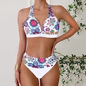 billiga Blommig baddräkt-Dam Badkläder Bikini Tankini 2 st Kaxig Baddräkt Djup V-hals Tryck upp Stickat Semester Tropisk Blommig Färgblock Doppa Ärmlös Baddräkter