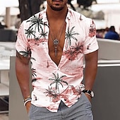 billiga Tropiska växter-Herr Kokosnötsträd Aloha Tropiska växter Skjorta Hawaii skjorta Kortärmad Skjorta Nedvikt Mode Hawaiisk Designer Utomhus Gata Ledigt Ljusrosa Svartvit Vit Tryck S M L
