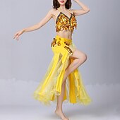 cheap Belly Dancewear-Belly Dance Skirts Gold Coin Pure Color Splicing Women's Performance Training Sleeveless High Polyester