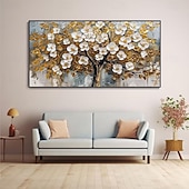 preiswerte Blumen-/Botanische Gemälde-3D strukturiertes Goldölgemälde, handgemalte Wandkunst, Goldfoliengemälde, Bäume, Kunstgemälde, handgemachtes goldweißes blühendes Turmbaumgemälde auf Leinwand für Wohnzimmerkunst, Naturmalerei,