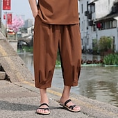 cheap Retro-Men&#039;s Capri Pants Shorts Linen Shorts Summer Shorts Beach Shorts Drawstring Elastic Waist Baggy Plain Comfort Breathable Calf-Length Outdoor Casual Daily Fashion Retro Vintage Black White