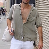 economico Strada-Per uomo Camicia Camicia di lino Camicia in cotone e lino Camicia casual Camicia con Bottoni Semplice Vacanza Streetwear Bianco Verde Grigio Manica Lunga Bavero Estate Abbigliamento Tasca