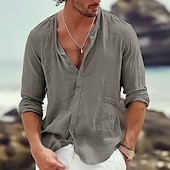 preiswerte Urlaub-Herren Hemd Leinenhemd Sommerhemd Strandhemd Hemden zum Herausstecken Einfach Urlaub Lässig Schwarz Weiß Orange Grau Langarm Stehkragen Frühling &amp; Sommer Bekleidung