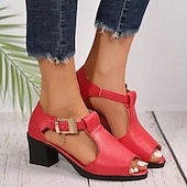 economico Sandali con tacco-sandali da donna con tacco spesso e punta aperta - eleganti scarpe nere in similpelle con fibbia decorativa per feste estive o occasioni formali