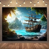 voordelige Ocean Beach Wandtapijt-Landschap Ocean Piratenboot Hangend Wandtapijt Muurkunst Groot Wandtapijt Muurdecor Fotografie Achtergrond Deken Gordijn Thuis Slaapkamer Woonkamer Decoratie